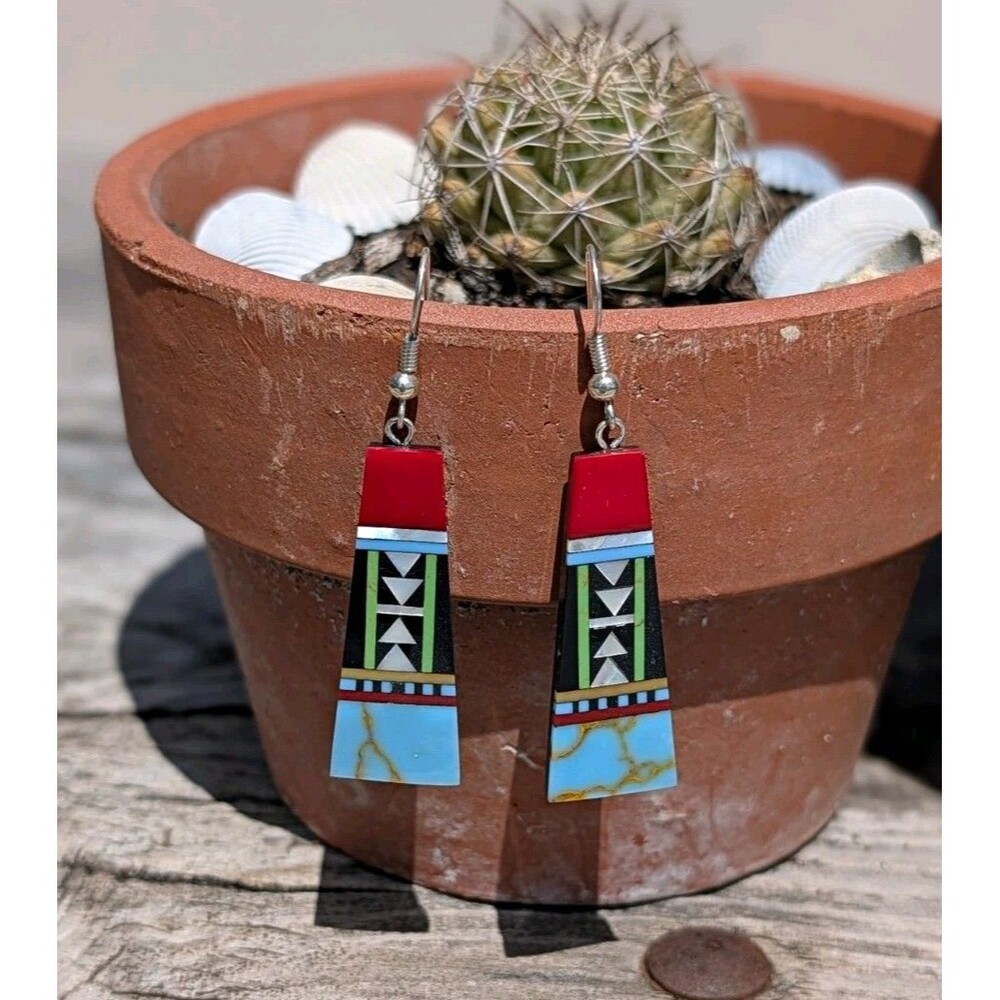 New Native Geometric Inlay Dangle Earrings Southwestern Mosaic Earrings Tribal